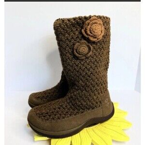 Earth Kalso Juniper crochet boots with flower accents brown Boho Festival 7.5
